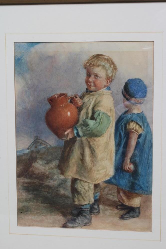 BRITISH SCHOOL (Late 19th Century) Child Carrying an Earthenware Jug, watercolour, 11" x 8", framed Image