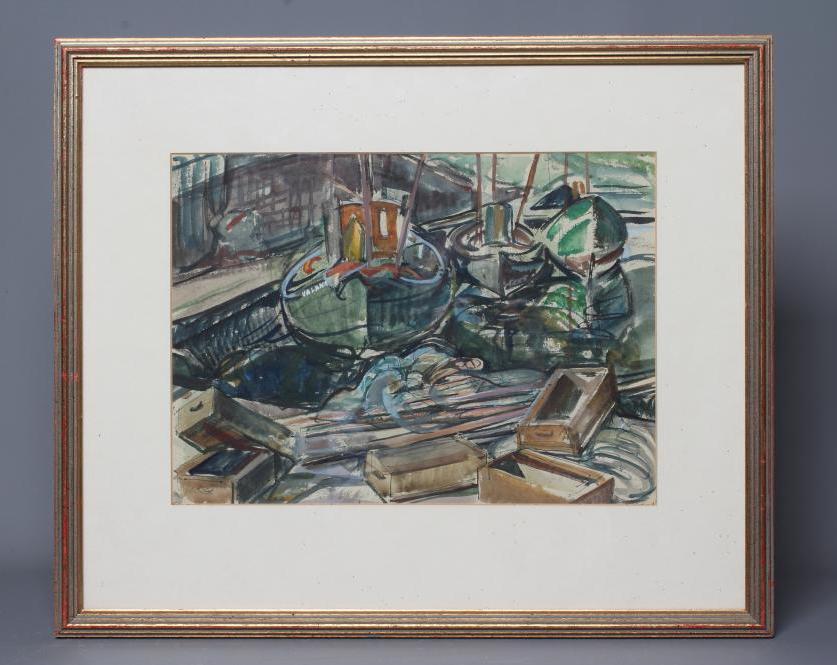 DOROTHY JOHNSTONE (1892-1980) Fishing Boats at its Moorings, watercolour over pencil, 11" x 14", Image
