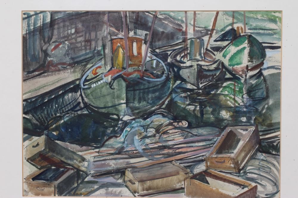 DOROTHY JOHNSTONE (1892-1980) Fishing Boats at its Moorings, watercolour over pencil, 11" x 14", Image