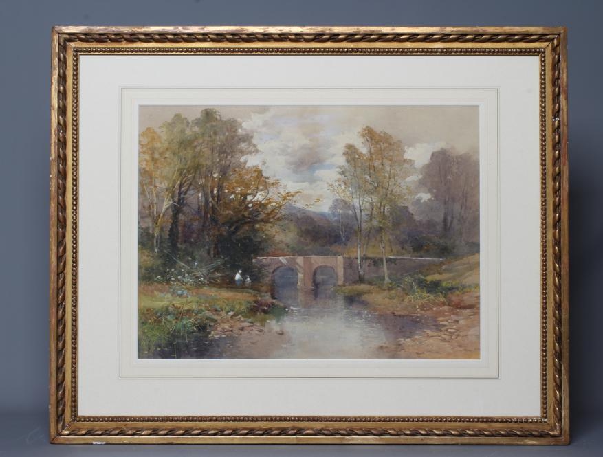 WILLIAM TATTON WINTER (1855-1928) River View with Stone Bridge, watercolour heightened with white, Image