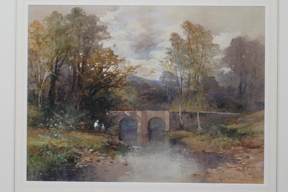 WILLIAM TATTON WINTER (1855-1928) River View with Stone Bridge, watercolour heightened with white, Image