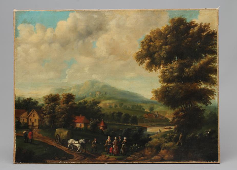 ENGLISH SCHOOL (19th Century) Hay Cart and Figures on a Rural Track in an Extensive landscape, oil Image