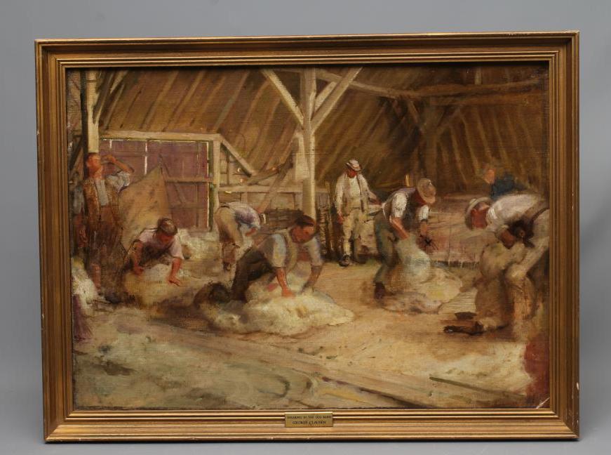 MANNER OF GEORGE CLAUSEN (1852-1944) Shearing in the Old Barn, oil on canvas, 22" x 30", modern Image