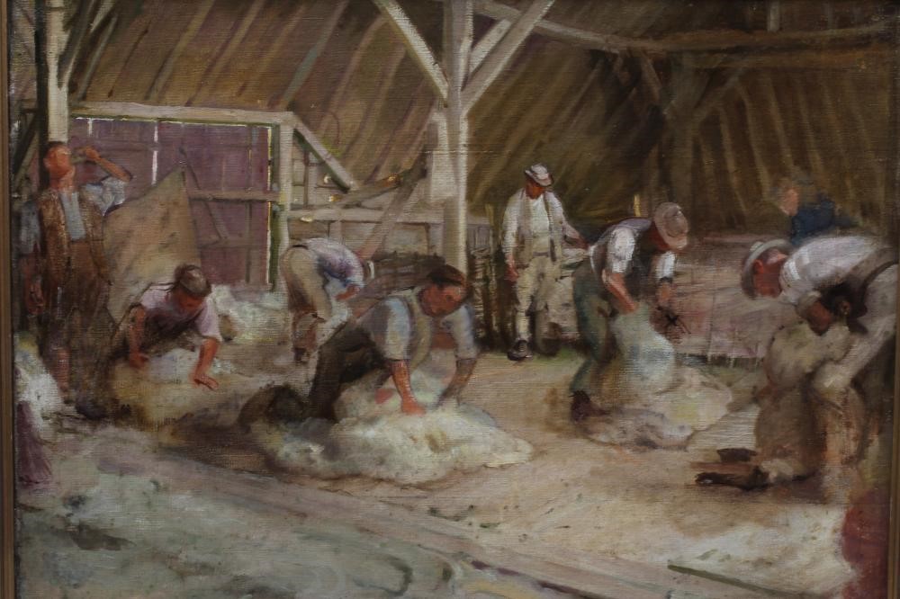 MANNER OF GEORGE CLAUSEN (1852-1944) Shearing in the Old Barn, oil on canvas, 22" x 30", modern Image