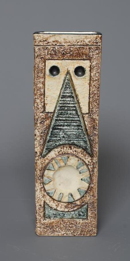 A TROIKA VASE by Avril Bennett, of plain square section, decorated in shades of brown and blue with Image