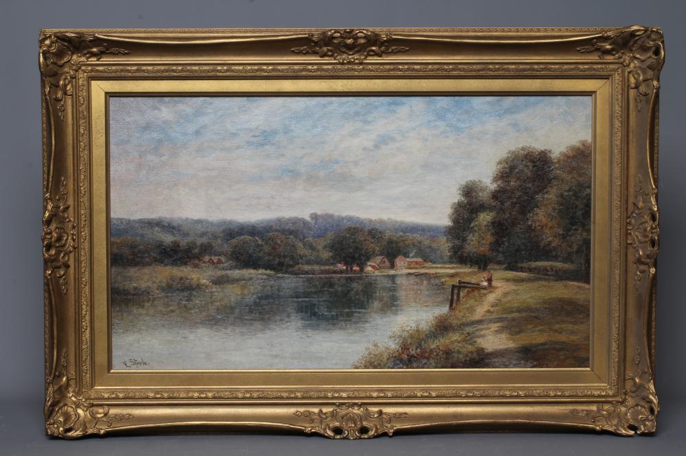 EDWIN STEELE (c.1850-c.1912) River landscape with Village Upstream, signed lower left, oil on Image