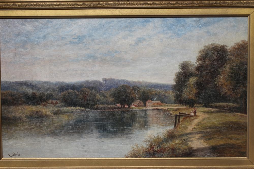 EDWIN STEELE (c.1850-c.1912) River landscape with Village Upstream, signed lower left, oil on Image