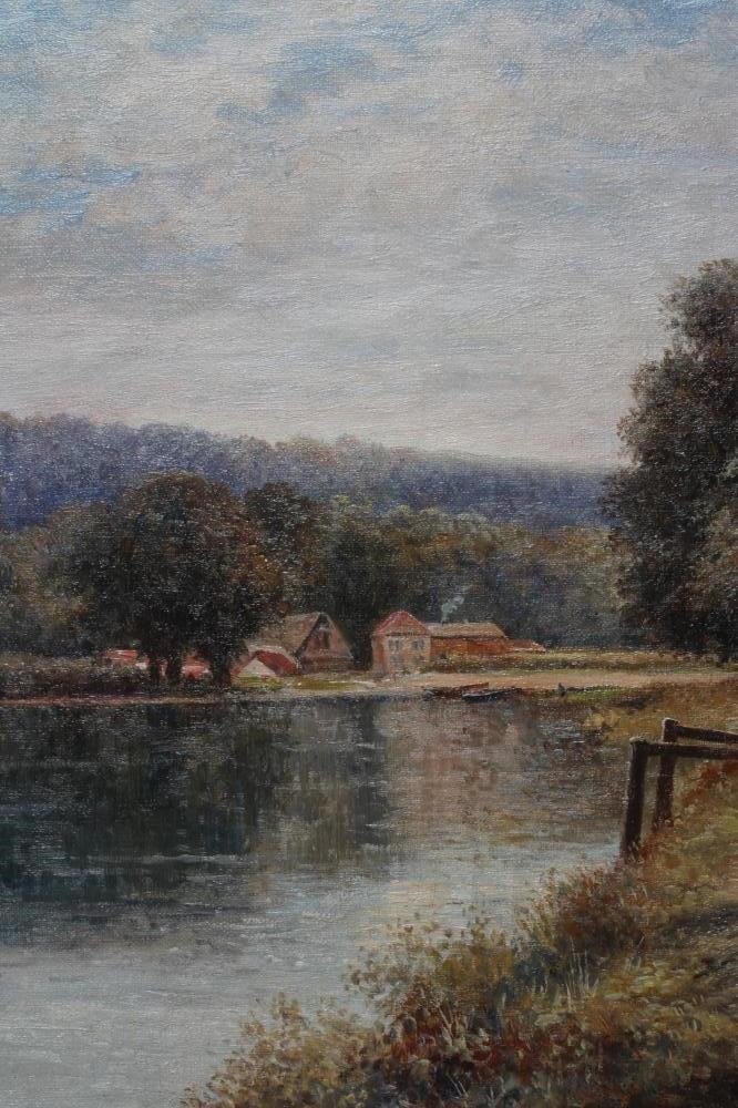EDWIN STEELE (c.1850-c.1912) River landscape with Village Upstream, signed lower left, oil on Image
