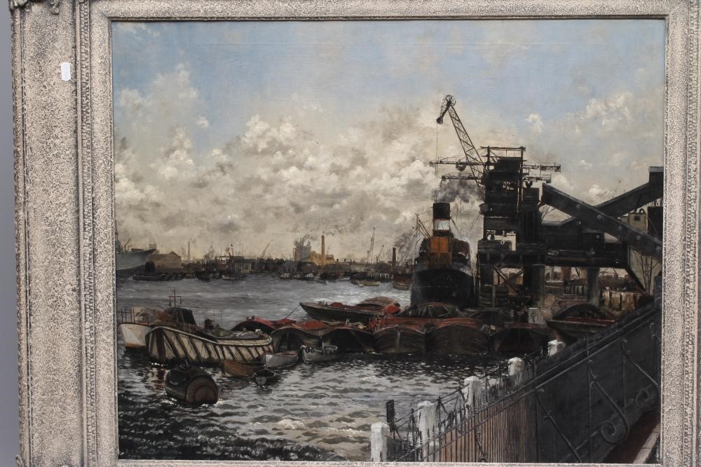 RICHARD PETER HURLSTONE HORTIN (1929-1973) A Busy Thames View, signed lower left, oil on canvas, 25" Image