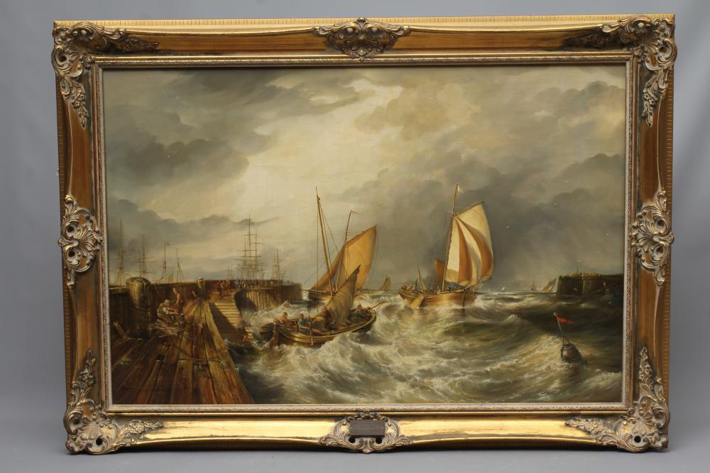 JOHN LEWIS CHAPMAN (b.1946) English Port View with Fishing Smacks Seeking Shelter c.1800 Image