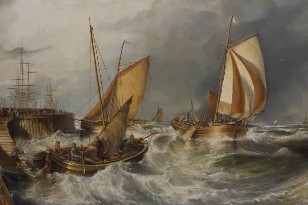 JOHN LEWIS CHAPMAN (b.1946) English Port View with Fishing Smacks Seeking Shelter c.1800 Image