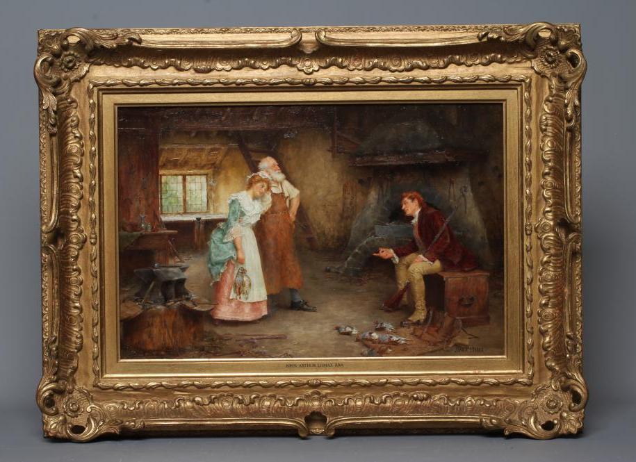 JOHN ARTHUR LOMAX (1857-1923) The Proposal, signed lower right, oil on panel, 11 1/2" x 17 1/2", Image