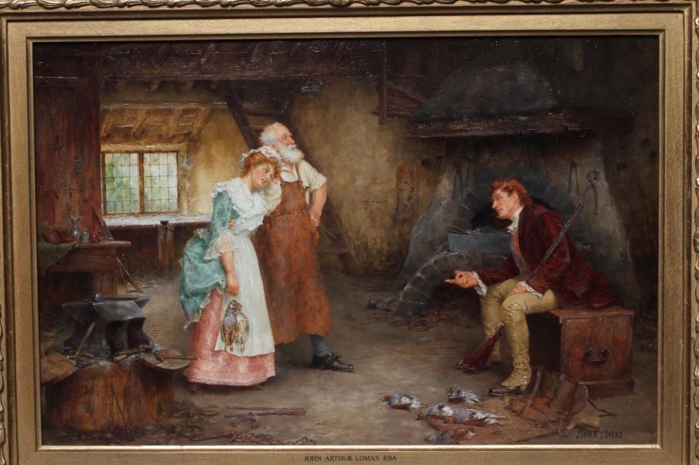 JOHN ARTHUR LOMAX (1857-1923) The Proposal, signed lower right, oil on panel, 11 1/2" x 17 1/2", Image
