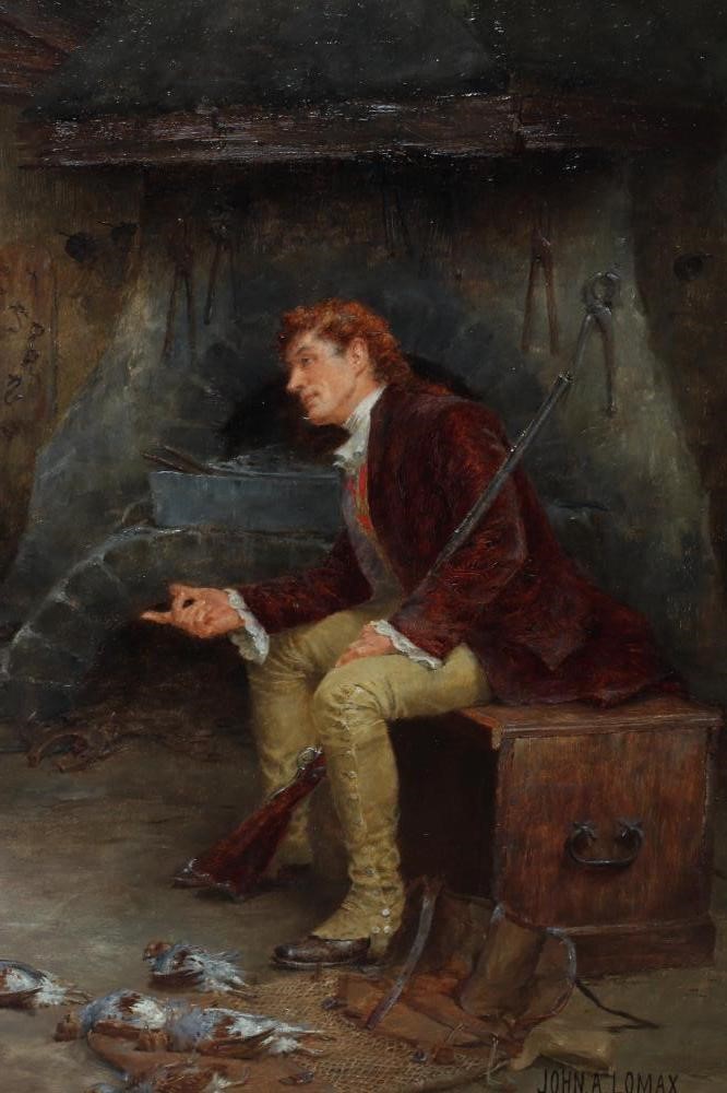 JOHN ARTHUR LOMAX (1857-1923) The Proposal, signed lower right, oil on panel, 11 1/2" x 17 1/2", Image