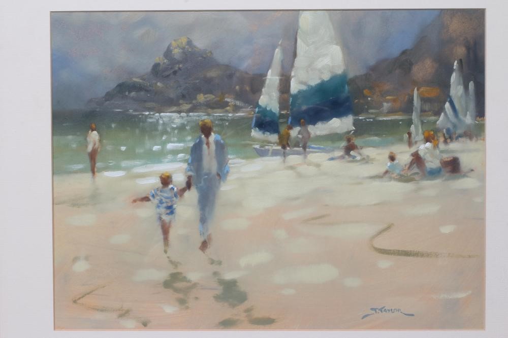 JEREMY TAYLOR (b.1957) Summer Beach Scene, signed lower right, oil on panel, 11 1/2" x 15 1/2", Image