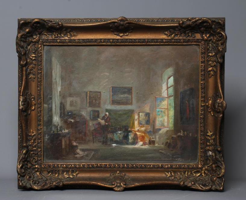 ANTAL ANTON PECZELY (1891-1963) The Art Collector, signed lower right, oil on board, 12 1/2" x 16 Image