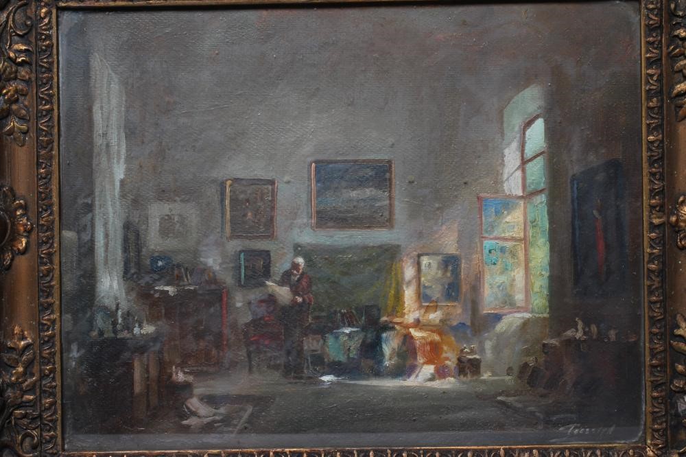 ANTAL ANTON PECZELY (1891-1963) The Art Collector, signed lower right, oil on board, 12 1/2" x 16 Image