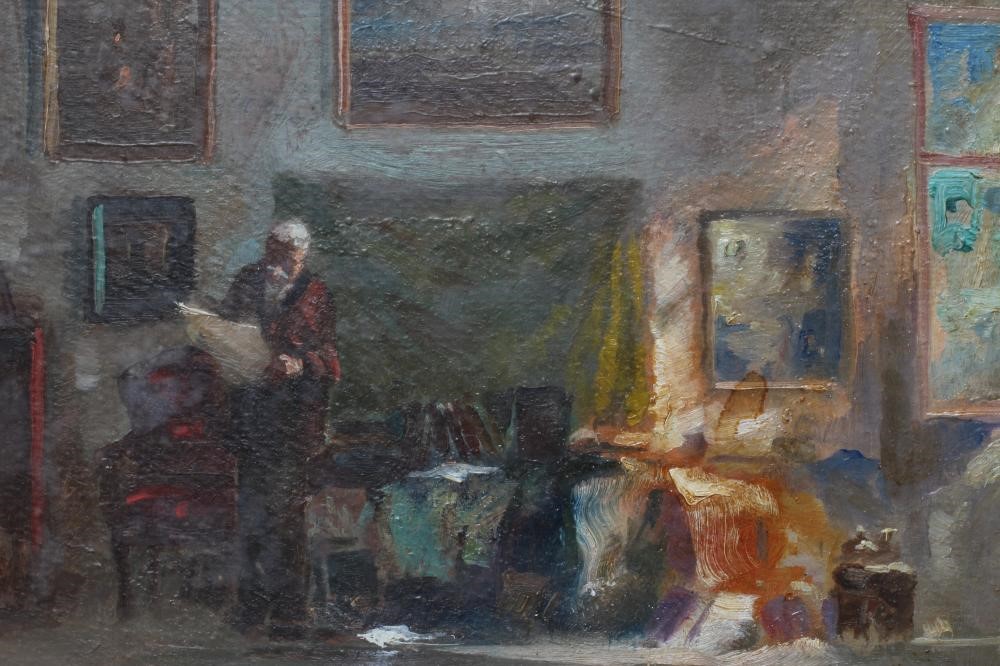 ANTAL ANTON PECZELY (1891-1963) The Art Collector, signed lower right, oil on board, 12 1/2" x 16 Image