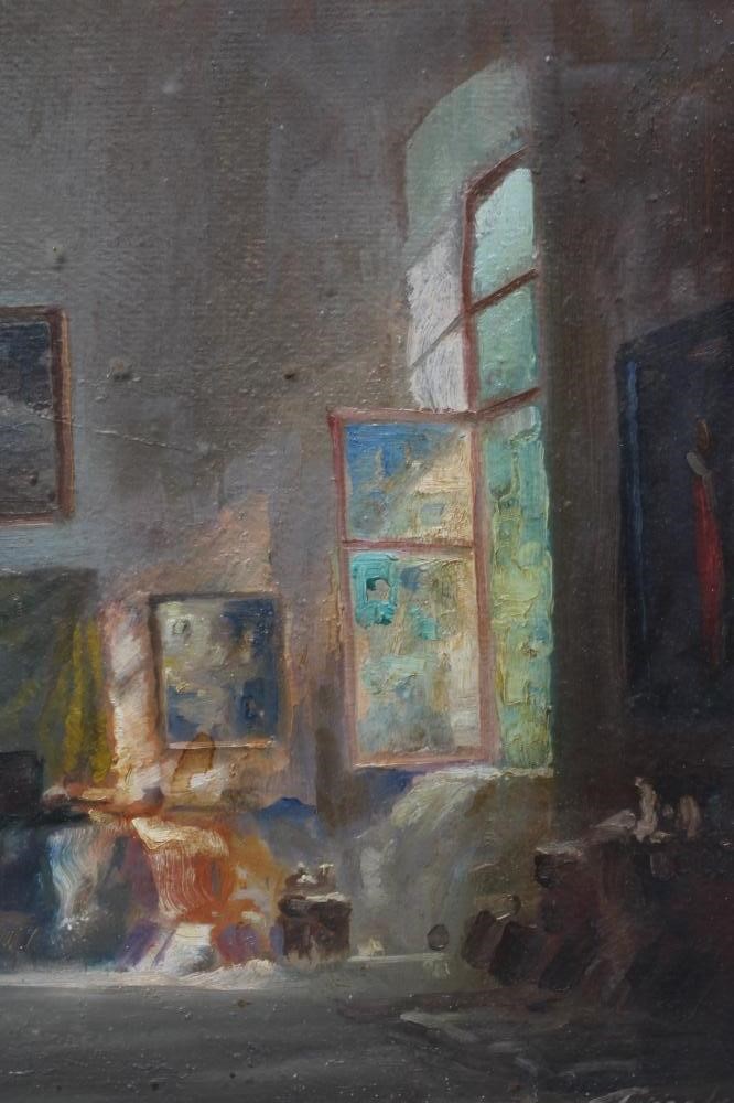 ANTAL ANTON PECZELY (1891-1963) The Art Collector, signed lower right, oil on board, 12 1/2" x 16 Image