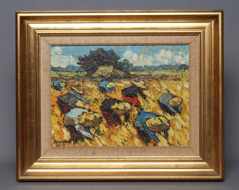 NOPARAT LIVISIT (b.1932) Harvest, signed lower left, oil on canvas, 12 1/2" x 16", modern gilt frame Image