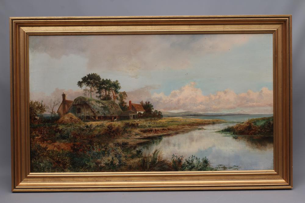 BENJAMIN WILLIAMS LEADER (1831-1923) Thatched Cottage beside a River Estuary, signed lower left, oil Image