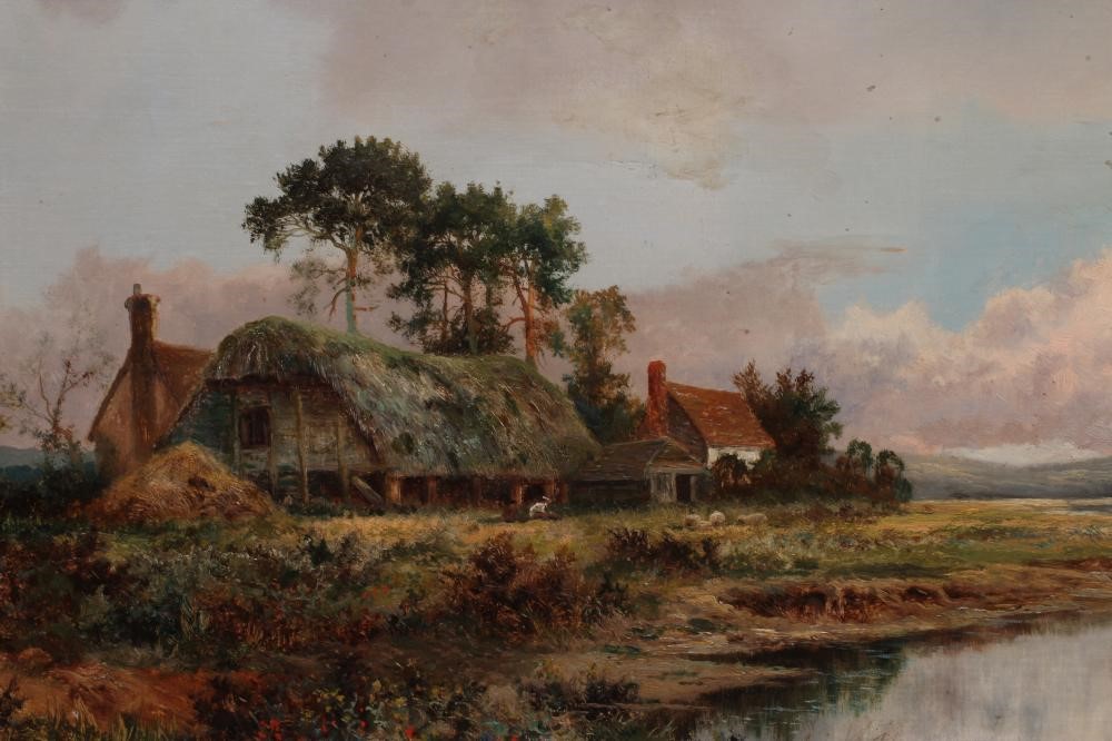 BENJAMIN WILLIAMS LEADER (1831-1923) Thatched Cottage beside a River Estuary, signed lower left, oil Image