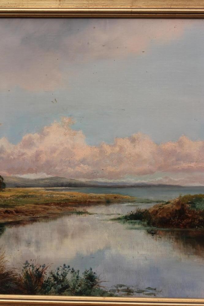 BENJAMIN WILLIAMS LEADER (1831-1923) Thatched Cottage beside a River Estuary, signed lower left, oil Image