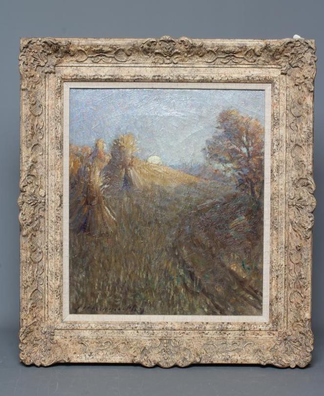 JOHN BARAGWANATH KING (1864-1939) Corn Sheaves at Dusk, signed lower left, oil on canvas, 15" x 13", Image