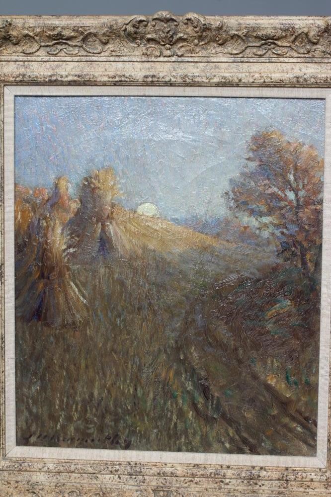 JOHN BARAGWANATH KING (1864-1939) Corn Sheaves at Dusk, signed lower left, oil on canvas, 15" x 13", Image