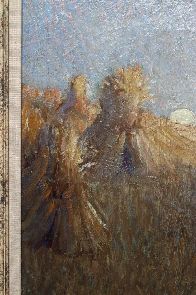 JOHN BARAGWANATH KING (1864-1939) Corn Sheaves at Dusk, signed lower left, oil on canvas, 15" x 13", Image