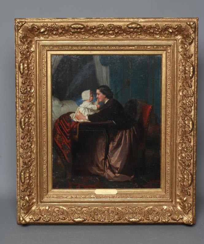 JULES TRAYER (1824-1908) Playtime, signed lower left, oil on panel, 15 1/2" x 12 1/2", modern gilt Image