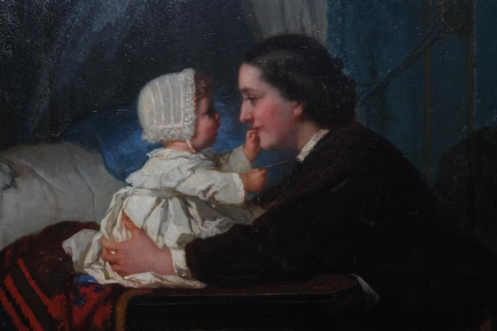 JULES TRAYER (1824-1908) Playtime, signed lower left, oil on panel, 15 1/2" x 12 1/2", modern gilt Image