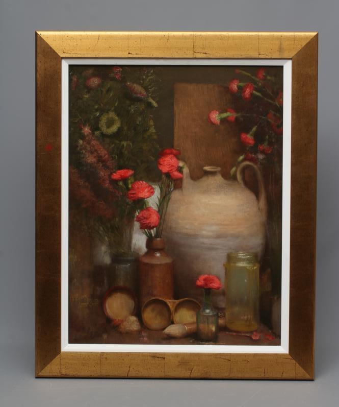 BOHUSLAV BARLOW (b.1947) Still Life with Carnations and Earthenware Pots 1996, signed lower right Image