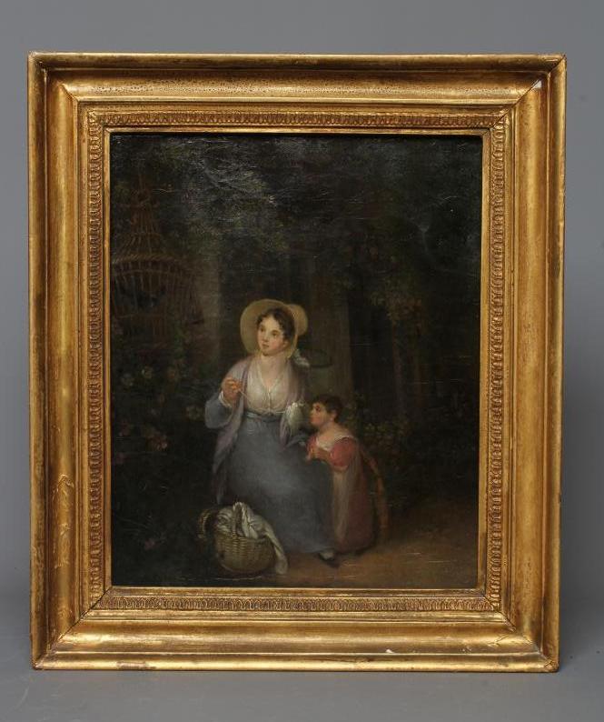 BRITISH SCHOOL (19th Century) Mother and Child Watching a Caged Bird, oil on canvas, 14 1/2" x 12", Image