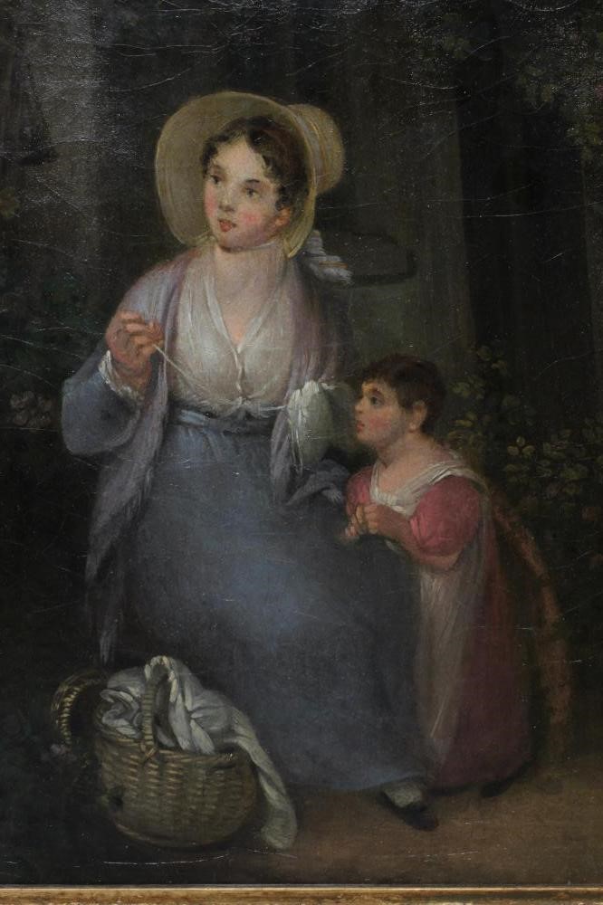 BRITISH SCHOOL (19th Century) Mother and Child Watching a Caged Bird, oil on canvas, 14 1/2" x 12", Image
