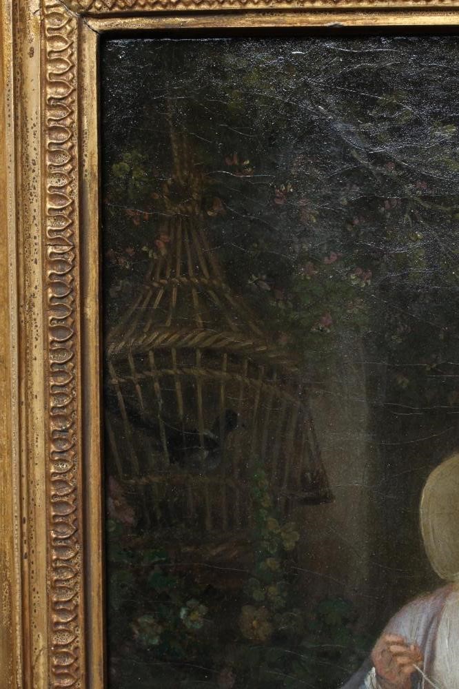BRITISH SCHOOL (19th Century) Mother and Child Watching a Caged Bird, oil on canvas, 14 1/2" x 12", Image