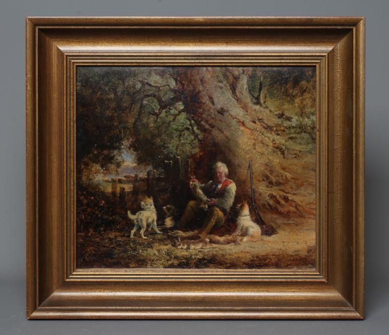 GEORGE HEPPER (1839-1868) Game Keeper with his Dogs, signed lower left, oil on canvas, 11 3/4" x 13 Image