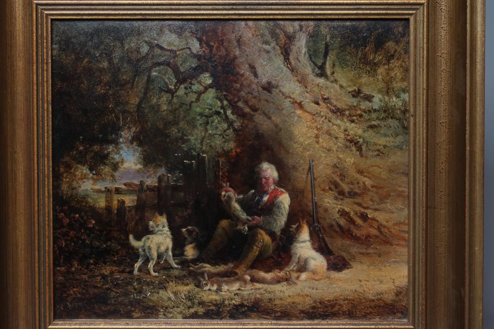 GEORGE HEPPER (1839-1868) Game Keeper with his Dogs, signed lower left, oil on canvas, 11 3/4" x 13 Image