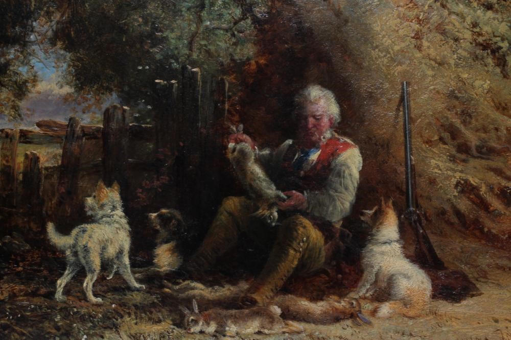 GEORGE HEPPER (1839-1868) Game Keeper with his Dogs, signed lower left, oil on canvas, 11 3/4" x 13 Image