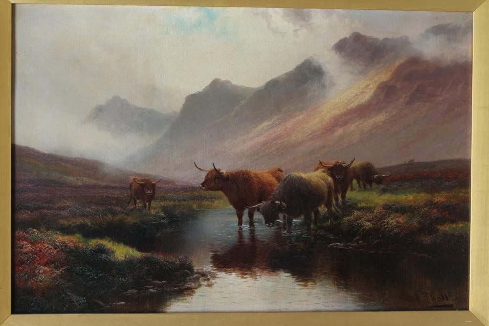 HENRY ROBINSON HALL (1859-1929) Highland Cattle at a Moorland Pool Image