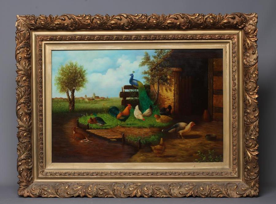 M HAENGER (Continental School, Early 20th Century) Wildfowl beside a Barn and Stream, signed lower Image