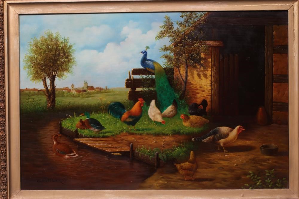 M HAENGER (Continental School, Early 20th Century) Wildfowl beside a Barn and Stream, signed lower Image