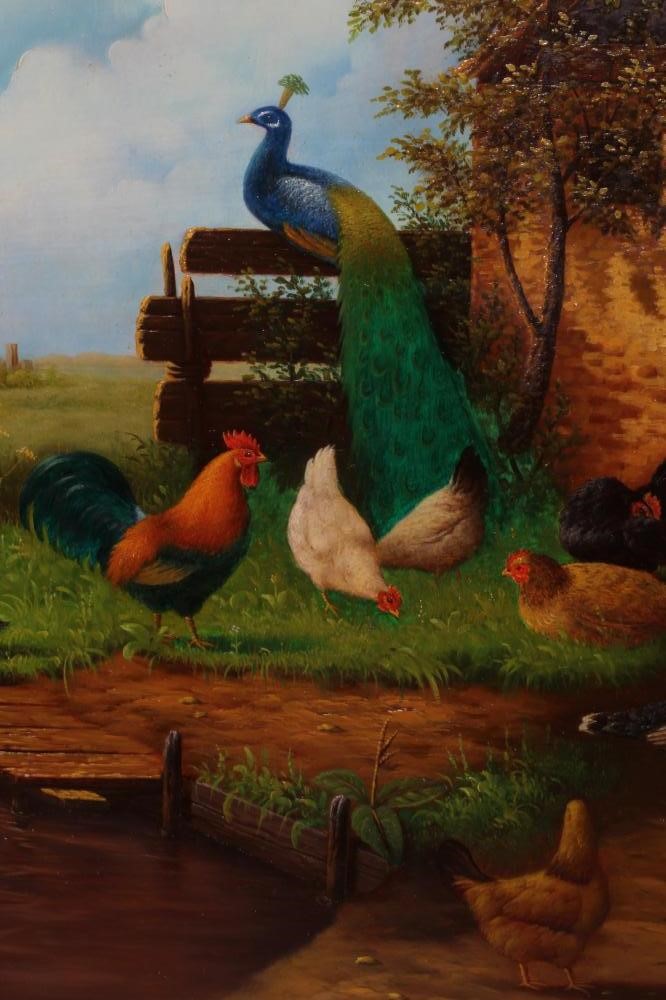 M HAENGER (Continental School, Early 20th Century) Wildfowl beside a Barn and Stream, signed lower Image