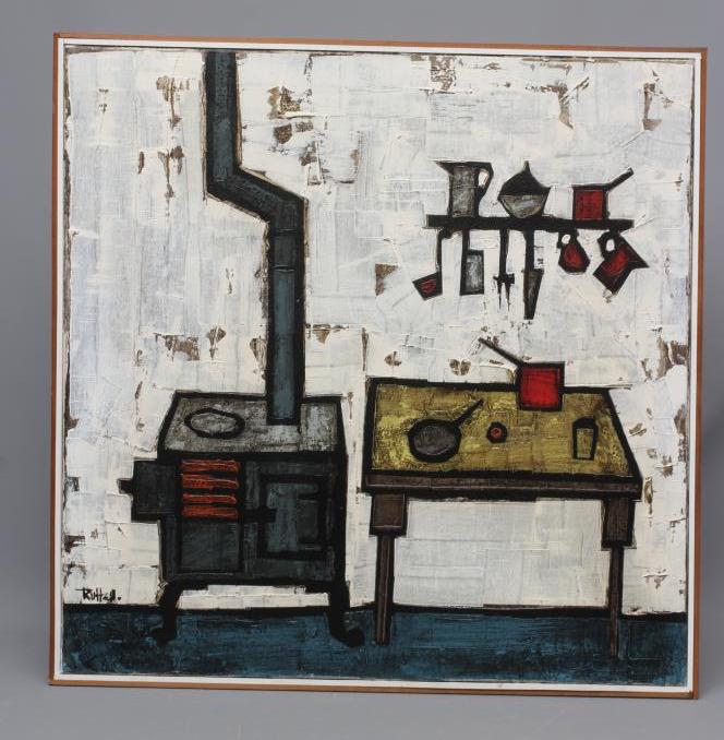 COLIN RUFFELL (b.1939) Interior with Stove and Kitchen Table, signed lower left, oil on canvas, 30" Image