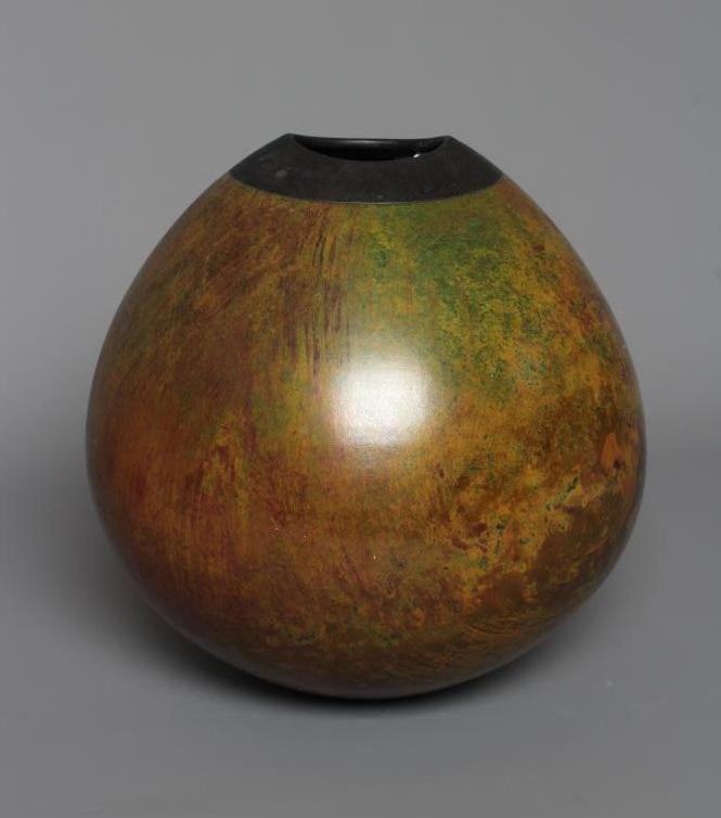 ANDREW HILL (b.1964) A LARGE STONEWARE SPHERICAL VASE with mottled bronze, copper and green glaze, Image
