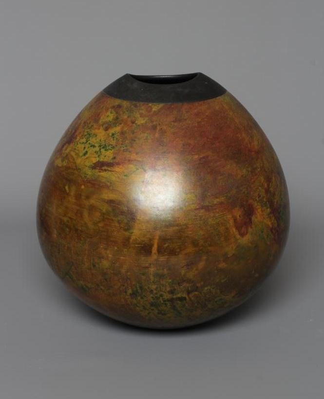 ANDREW HILL (b.1964) A LARGE STONEWARE SPHERICAL VASE with mottled bronze, copper and green glaze, Image