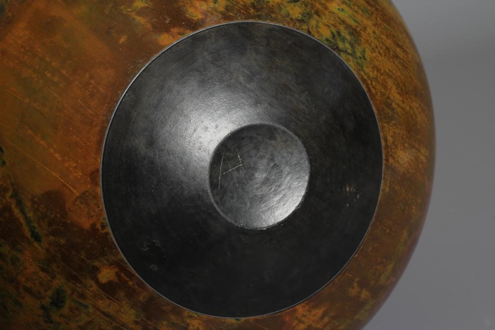 ANDREW HILL (b.1964) A LARGE STONEWARE SPHERICAL VASE with mottled bronze, copper and green glaze, Image