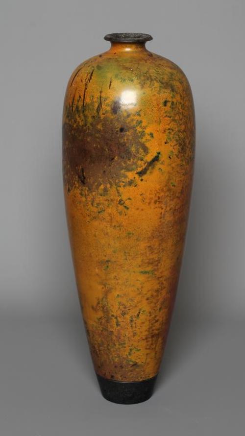 ANDREW HILL (b.1964) A TALL STONEWARE VASE of flared rounded form with mottled bronze, copper and Image