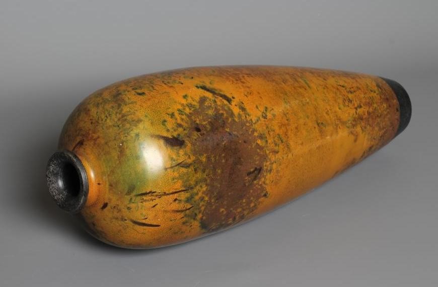 ANDREW HILL (b.1964) A TALL STONEWARE VASE of flared rounded form with mottled bronze, copper and Image