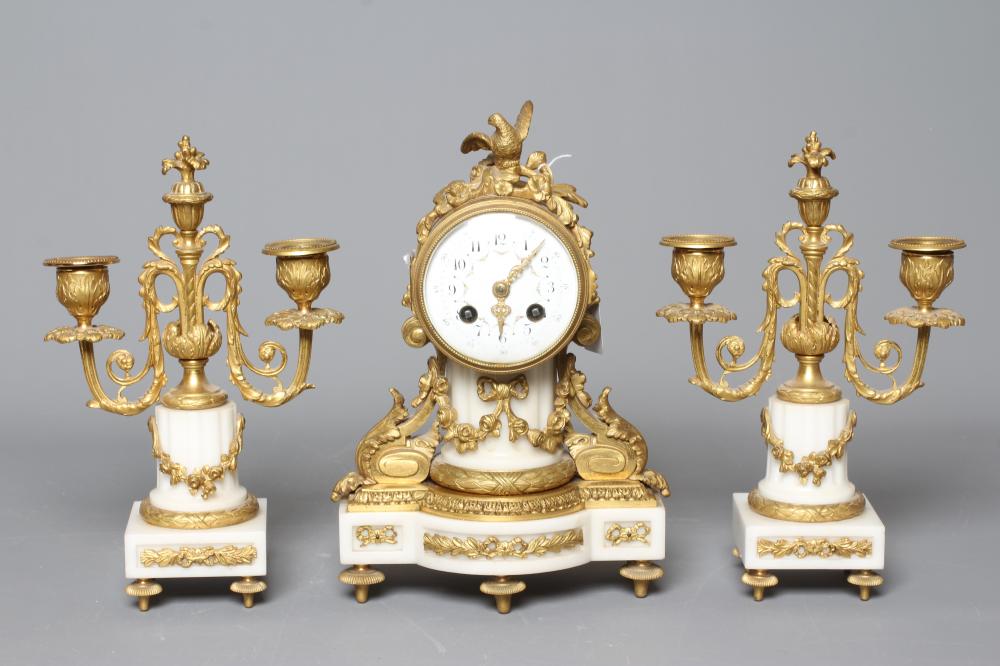 A FRENCH WHITE MARBLE MANTEL CLOCK by Samuel Marti Paris Image